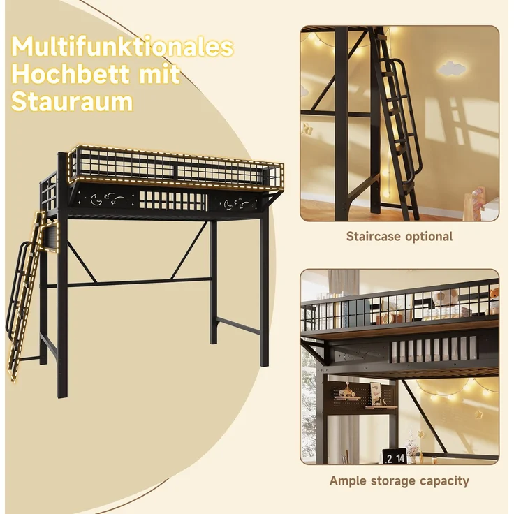 Hochbett, 90 x 200 cm, Metallbettgestell, Staufächer, offene untere Ebene, Ohne Matratze, Schwarz – Bild 7