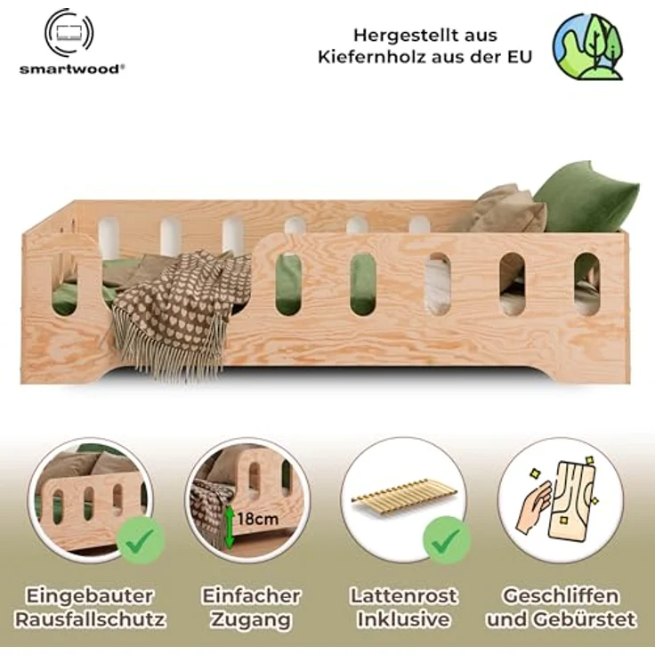 smartwood Bodenbett 90x200 Montessori Kinderbett aus Holz mit FSC-Zertifikat TILA 2L mit Rausfallschutz & Lattenrost bis 230kg belastbar - Einfache Montage – Bild 4