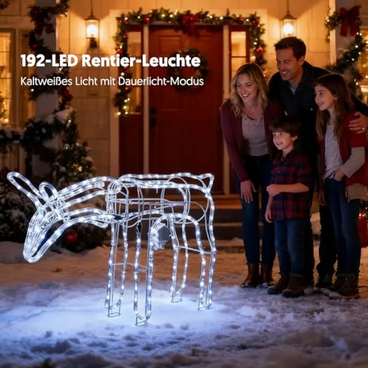 LEDYA Reindeer Beleuchtete Weihnachtsdekoration, 192 LEDs Kaltweiß, Groß 53 cm LED Rentier Weihnachtsbeleuchtung, Innen/Außen Weihnachtshirsch mit Timer, Netzbetrieben, für Haus, Hof, Garten, Veranda – Bild 3