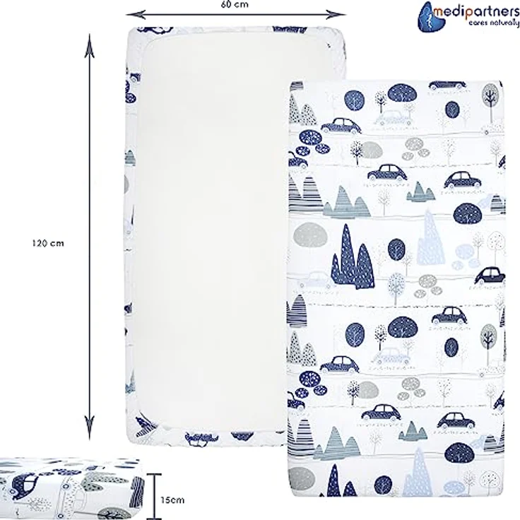 Medi Partners Spannbettlaken 60x120 Baby Bettlaken Kinderbett Spannbetttuch 100% Baumwolle - Fitted Kinder Sheet Bettwäsche Babymatratze Schlafsack Babybett (Retro-Autos) – Bild 4