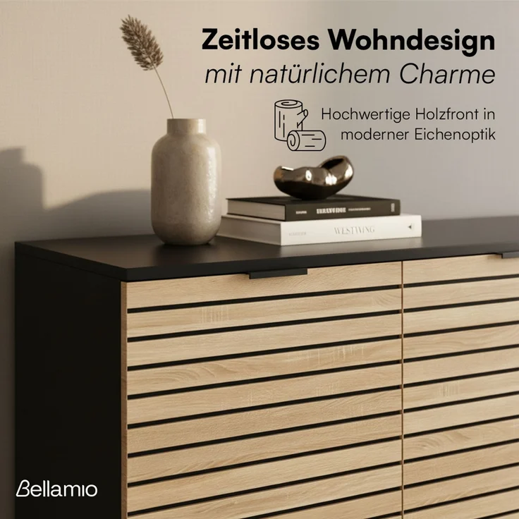 Bellamio 'Luvua' Kommode, schwarz/Eichenoptik, mit Metallfüßen, 80x40x135 cm, Sideboard mit 3 Türen und 6 Fächern – Bild 5