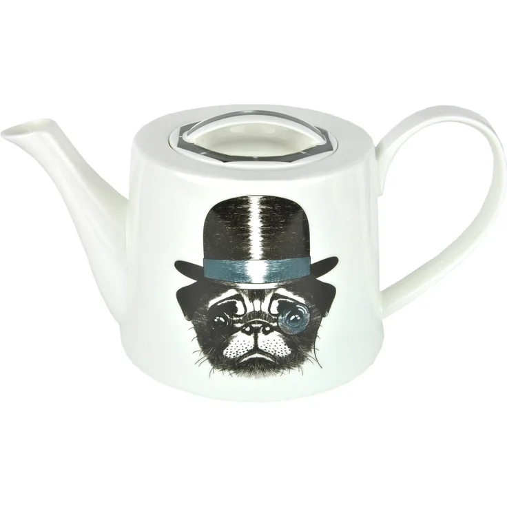 3-tlg. Tee-Set, Teekanne + 2 Teebecher, HUND MIT HUT UND LUPENGLAS, Kunst-Dekor, Hundemotiv, 1,25L, Brillantporzellan