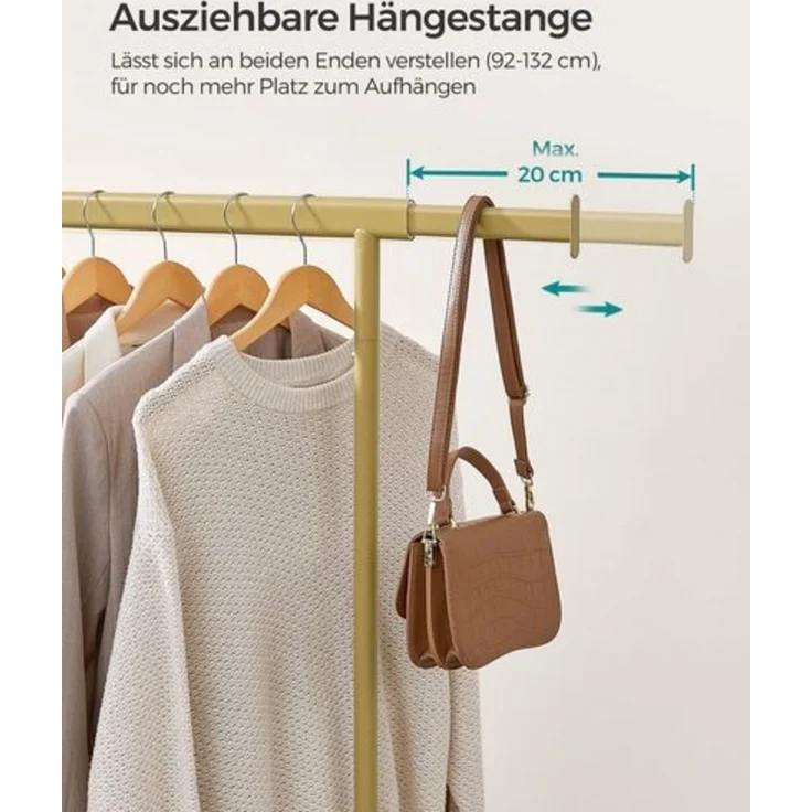 Songmics Kleiderständer auf Rollen, Garderobenständer, ausziehbare Kleiderstange, bis 90 kg belastbar, einfache Montage, transportabel, helles Gold – Bild 3