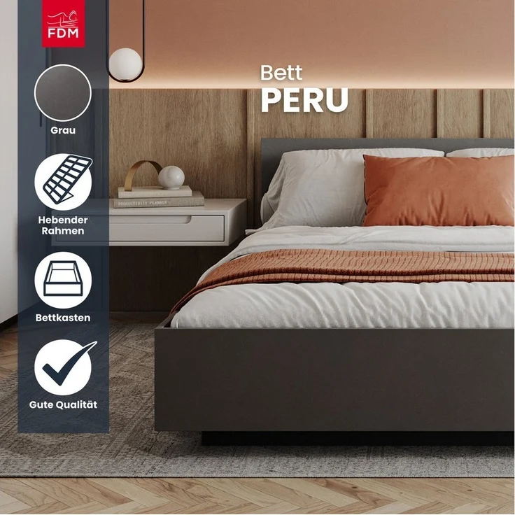 FDM Stauraumbett Bett Stauraumbett PERU Bettgestell 90x200, 140x200 & weitere Größen (verfügbar 90x200 120x200 140x200 160x200 180x200cm, Bettrahmen, Bett, mit großen Kopfteil, mit Bettkasten zum aufklappen), mit/ohne Matratze – Bild 3