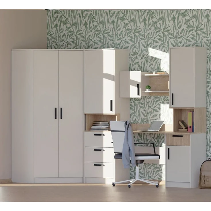 Marmex Möbel Grant Set-28C Jugendzimmer Komplett-Set 4-teilig mit Eckkleiderschrank, Standregal, Schreibtisch mit Aufsatz, Kinderzimmermöbel mit Schreibtisch, laminierte Spanplatte, graubeige cashmere+cremona torro 268/91x195x52,5cm – Bild 1