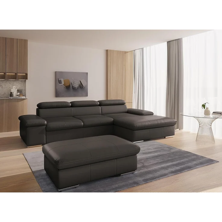 CAVADORE Leder-Ecksofa Valerie mit XL-Longchair / Eckcouch mit Kopfteilverstellung, großem Longchair + Metallfüßen / 286 x 73 x 174 / Echtleder Dunkelbraun – Bild 2
