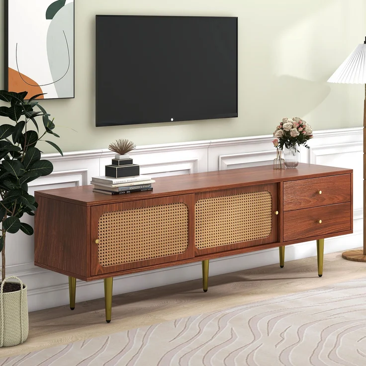TV-Schrank, 160x40x60 cm, Walnuss-TV-Schrank mit Rattan-Schiebetüren, 2 Schubladen & Metallfüßen – Bild 2