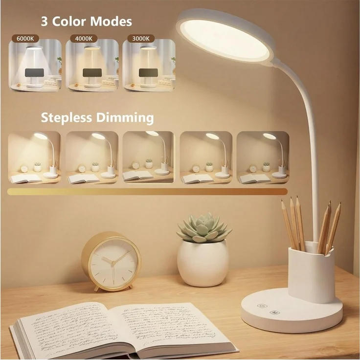LQWELL LED Schreibtischlampe 4 in 1 LED Schreibtischlampe USB Aufladbar, LED fest integriert, 3 Helligkeitsstufen Nachtlicht, 360° Flexibel Stifthalter Tischlampe Studienlampe, mit Telefonhalter,für Heimbüro – Bild 1