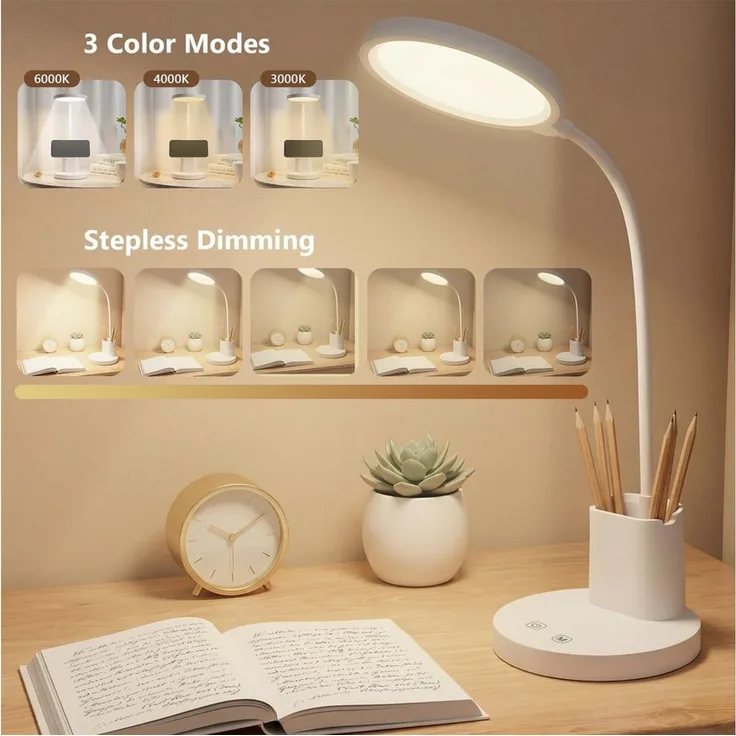 LQWELL LED Schreibtischlampe 4 in 1 LED Schreibtischlampe USB Aufladbar, LED fest integriert, 3 Helligkeitsstufen Nachtlicht, 360° Flexibel Stifthalter Tischlampe Studienlampe, mit Telefonhalter,für Heimbüro