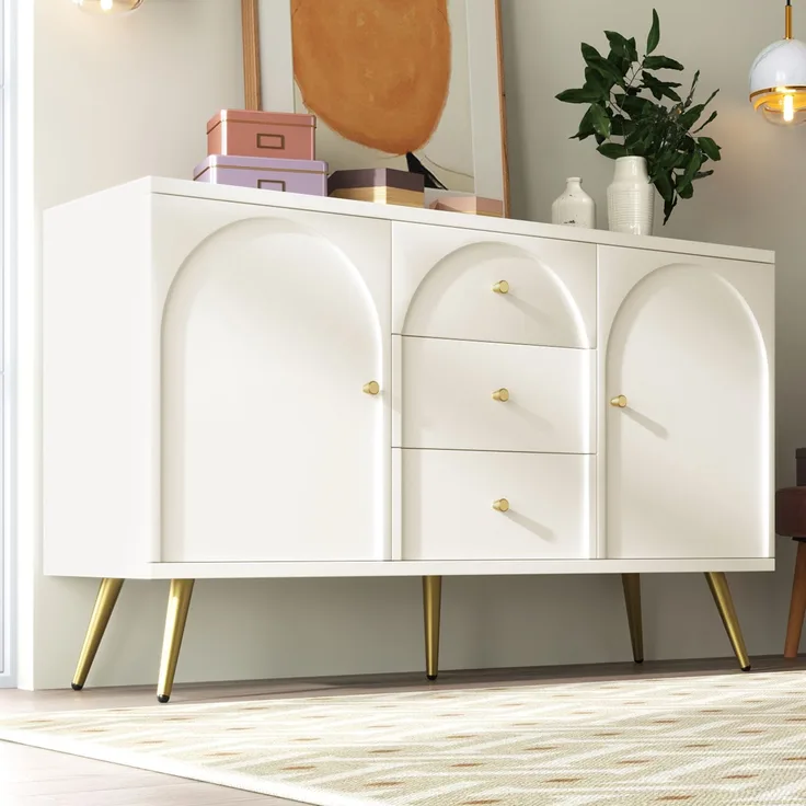 Kommode 140 cm mit gewölbten Schubladen, Sideboard mit höhenverstellbarem Fachboden, Drehtüren, Metallfüßen, Stauraum