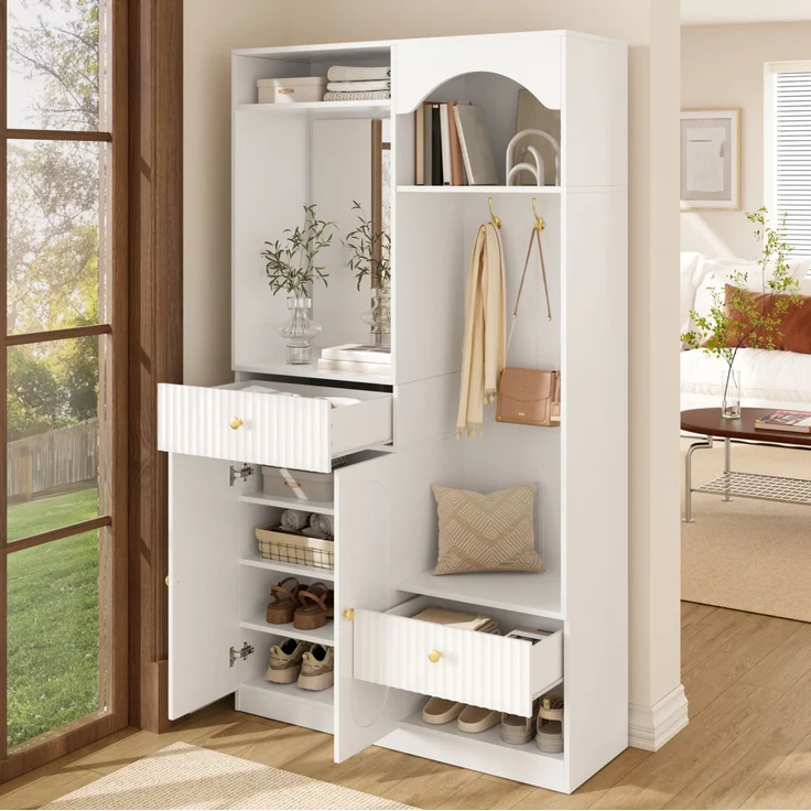 Kompaktgarderobe 100x35x180 cm mit Spiegel, Sitzbank, LED und verstellbaren Einlegeböden – Bild 7