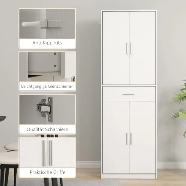 HOMCOM Küchenbuffet Hochschrank Vorratsschrank Einlegeböden Skandinavisches Design (freistehender Küchenschrank mit Schublade, 1-St, Vitrinenschrank mit verstellbaren Regalen) 60 x 35 x 180 cm, Weiß – Bild 6