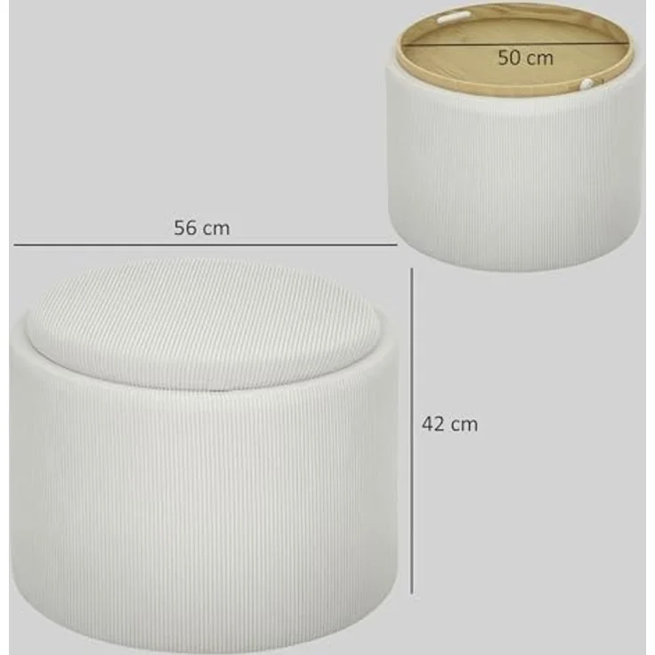 HOMCOM Sitzhocker Runder Hocker mit Stauraum (Polsterhocker in Cordoptik für Wohnzimmer, 1 St, Cremeweiß), Ø56 x 42 cm – Bild 3
