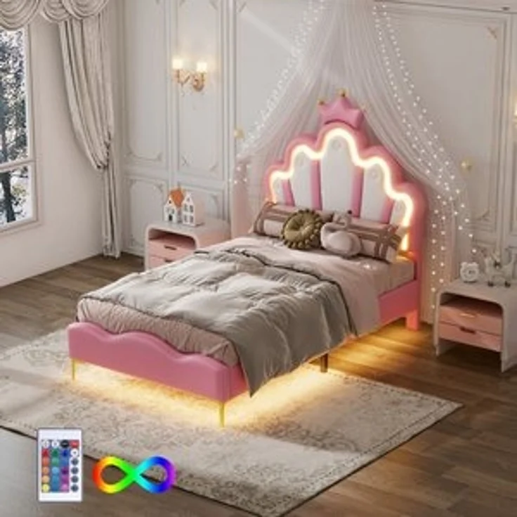 Flieks Polsterbett, LED Kinderbett Einzelbett mit krone-Form Prinzessinnenbett 90x200cm – Bild 6
