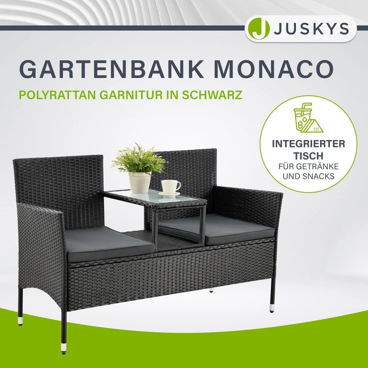 Juskys 'Monaco' 2-Sitzer Gartenbank mit Tisch und Kissen, Polyrattan schwarz, 133 × 63 × 84 cm – Bild 2