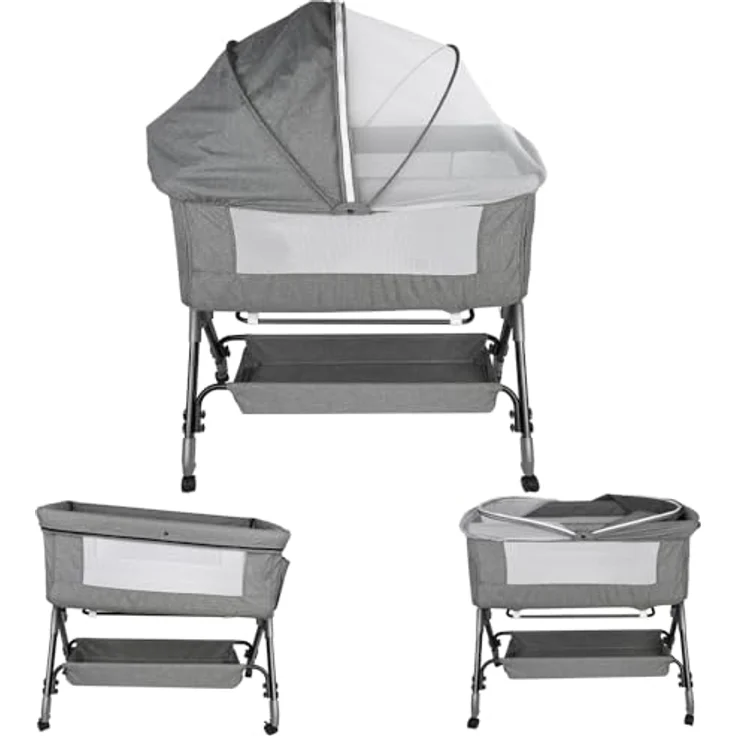 HUOLE 3 in 1 Beistellbett & Babywiege & Reisebett, 4-stufig Höhenverstellbares Babybett, neigbar, Kinderbett, Stubenwagen für Babys bis 25kg belastbar-104 * 52 * 100-110cm – Leinengrau – Bild 10