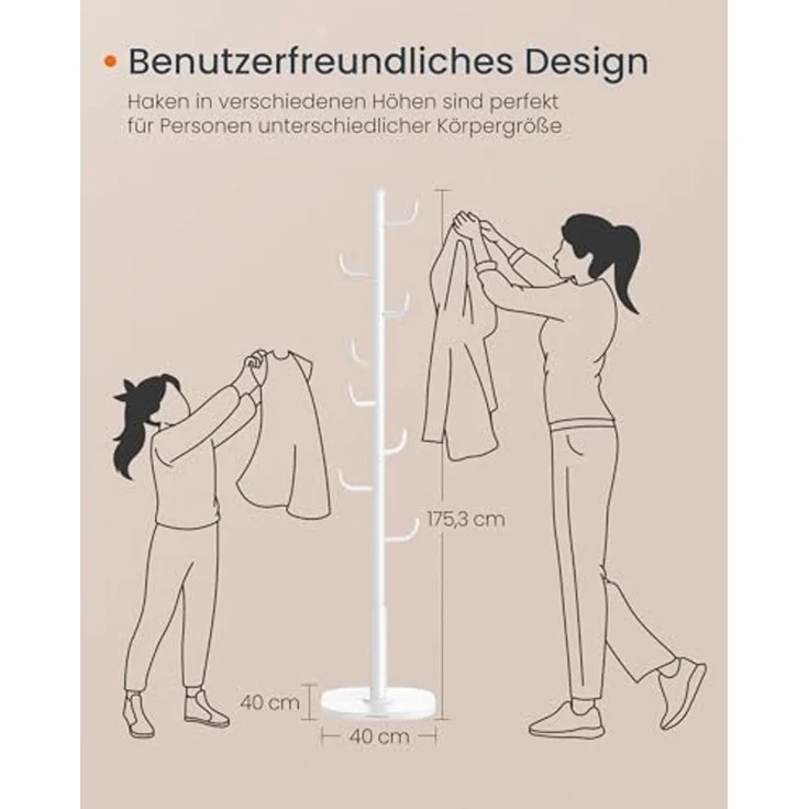 SONGMICS HOME Garderobe in Kaktus-Form, Kleiderständer, freistehende Garderobe, 8 Haken mit nach oben gebogenen Enden, 175,3 cm hoch, für Kleidung, Hüte, Taschen, wolkenweiß – Bild 6