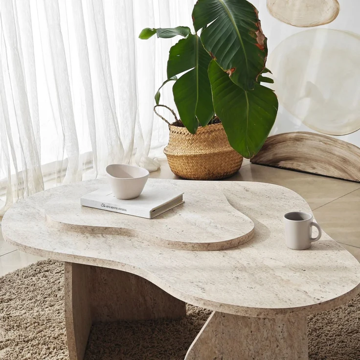 Elegant Coffee Table, Travertine Color, 105 x 35 x 65 cm | 100% Melamine Coated Particle Board, 18 mm Thickness | Stylish Solid Beige & Marble Design – Bild 5