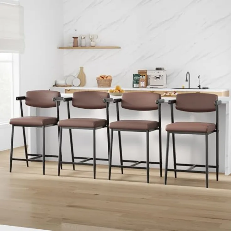 GarveeHome 4er Set Barhocker Mit Sitzkissen Aus PU-Leder Und Metallgestell, Esszimmerstühle Mit Rucklehne, Hohe Hocker Mit Fußlehnen Und Armlehnen, Für Esszimmer Und Wohnzimmer, 49 x 48 x 94 cm