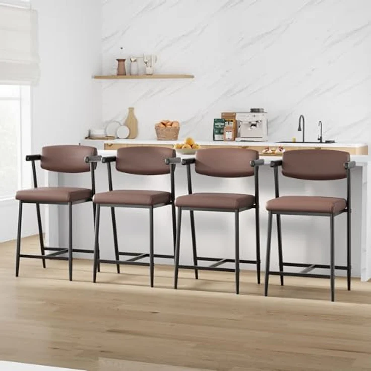 GarveeHome 4er Set Barhocker Mit Sitzkissen Aus PU-Leder Und Metallgestell, Esszimmerstühle Mit Rucklehne, Hohe Hocker Mit Fußlehnen Und Armlehnen, Für Esszimmer Und Wohnzimmer, 49 x 48 x 94 cm – Bild 1