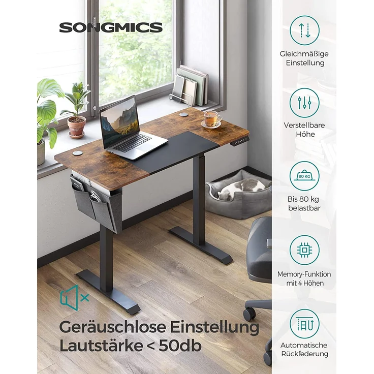 Songmics Höhenverstellbarer Schreibtisch, elektrisch, stufenlos verstellbar, gespleißte Platte, 4 Höhe gespeichert, Stofftasche, 120 x 60 x (72-120) cm, aus Stahl, vintagebraun-schwarz LSD015X01 – Bild 3