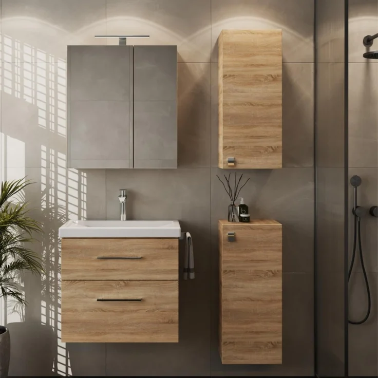 Planetmöbel Badmöbel-Set Badmöbel-Set mit Spiegelschrank 63cm und 2x Midischrank, (Waschbecken mit Unterschrank, Spiegelschrank Bad mit Beleuchtung)