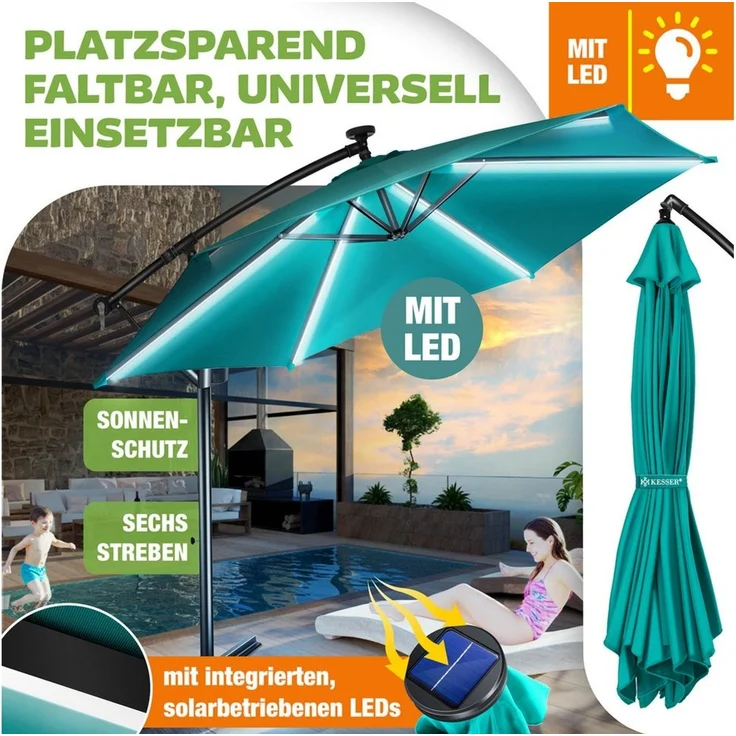 KESSER® Alu Ampelschirm LED Solar + Abdeckung mit Kurbelvorrichtung UV-Schutz Aluminium mit An-/Ausschalter Wasserabweisend - Sonnenschirm Schirm Gartenschirm 300cm, Petrol Grün – Bild 3