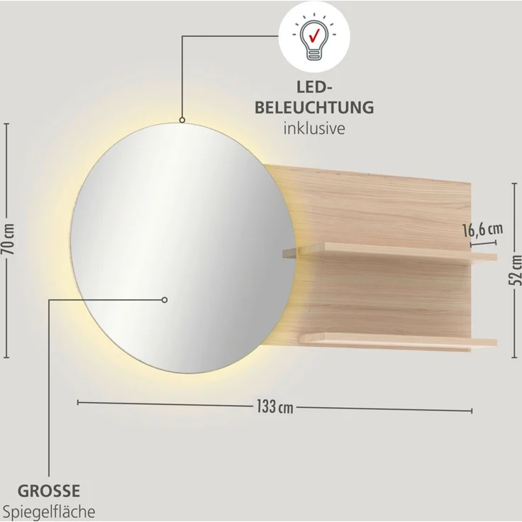 XORA 'PISA' Spiegel mit Paneel, Holznachbildung Eiche, 133 x 70 x 17 cm, mit LED-Beleuchtung – Bild 5