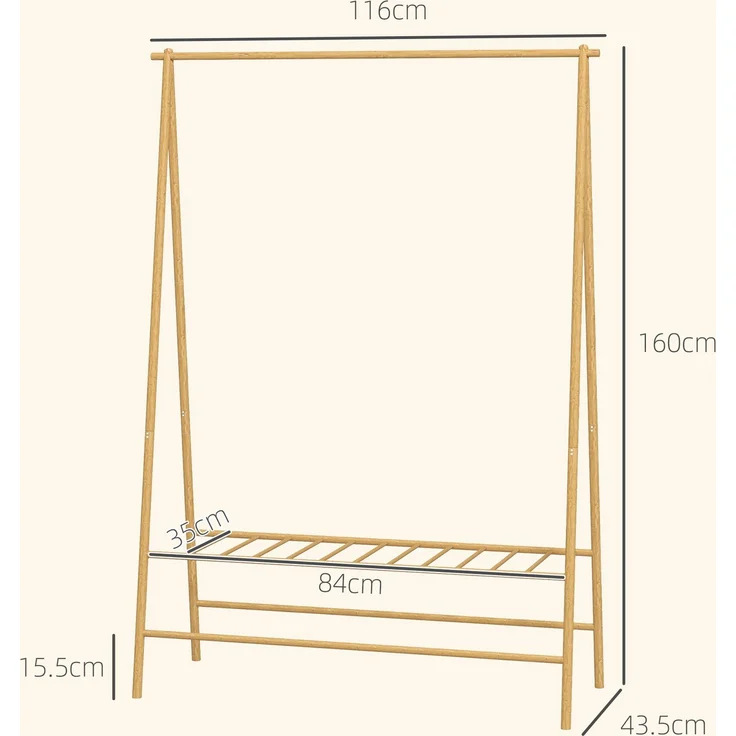 Garderobenständer 116 x 43,5 x 160 cm aus Bambus mit Kleiderstange, Haken und Schuhablage – Bild 2