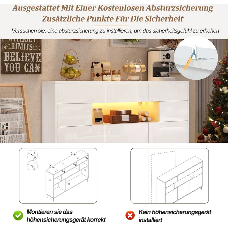 Abrihome Sideboard mit Stauraum und LED, Weiß, 94x30x140 cm – Bild 3