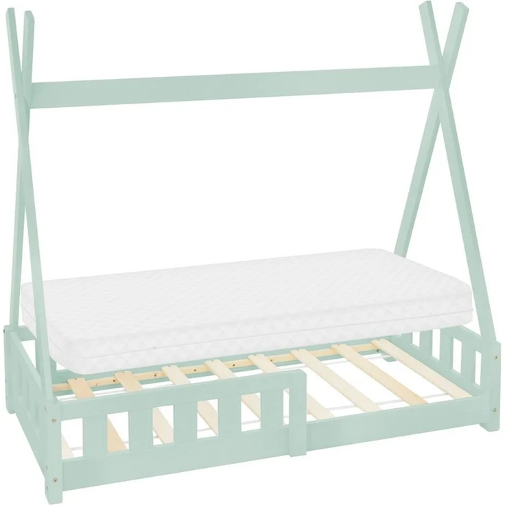 ML-DESIGN Spielbett Hausbett Tipi Zeltbett inkl. Lattenrost Bodenbett Kinder Himmelbett, Abenteuerbett mit Rausfallschutz Zelt Bett Kiefer Mint Kinderhaus – Bild 1