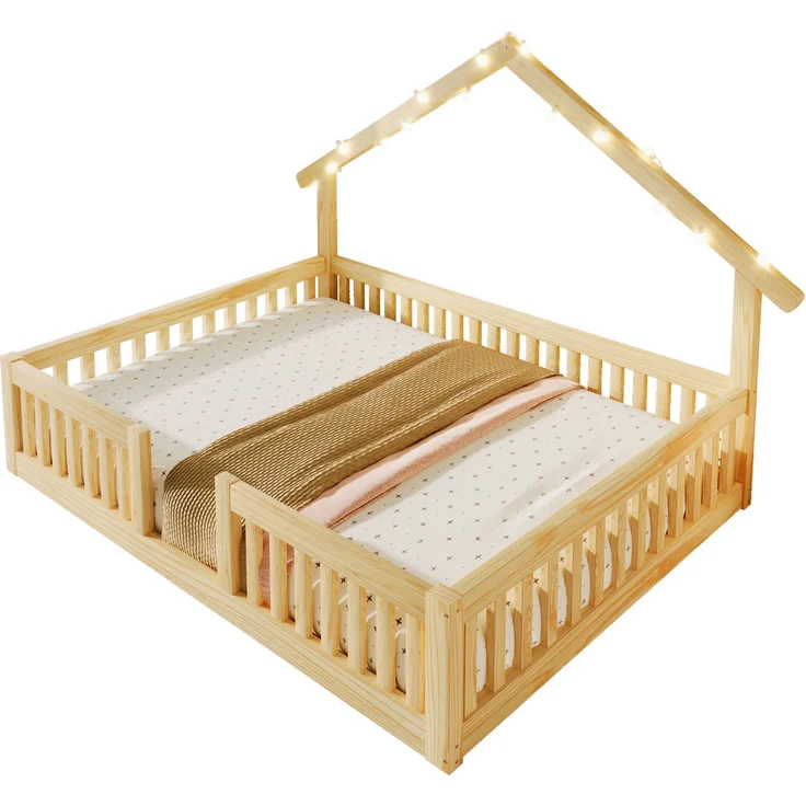 Bett 140x200 cm Hausbett aus Holz in Natur mit Sicherheitsgitter, LED-Lichterkette, ohne Matratze – Bild 3