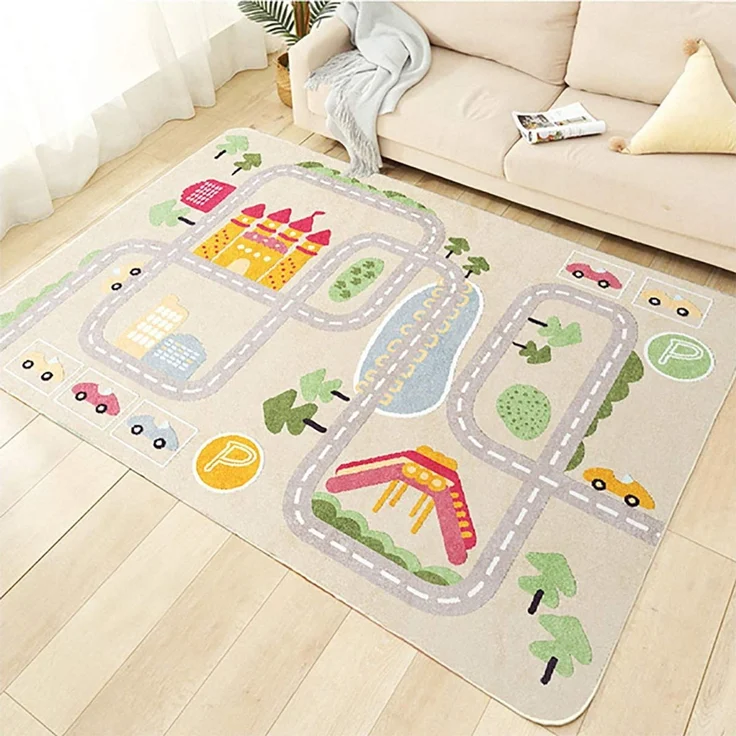 TYKTZXY Kinderteppich Spielen Teppich Straße Auto Tier Universum Blau Grau(160×230cm,62×91inch) – Bild 1