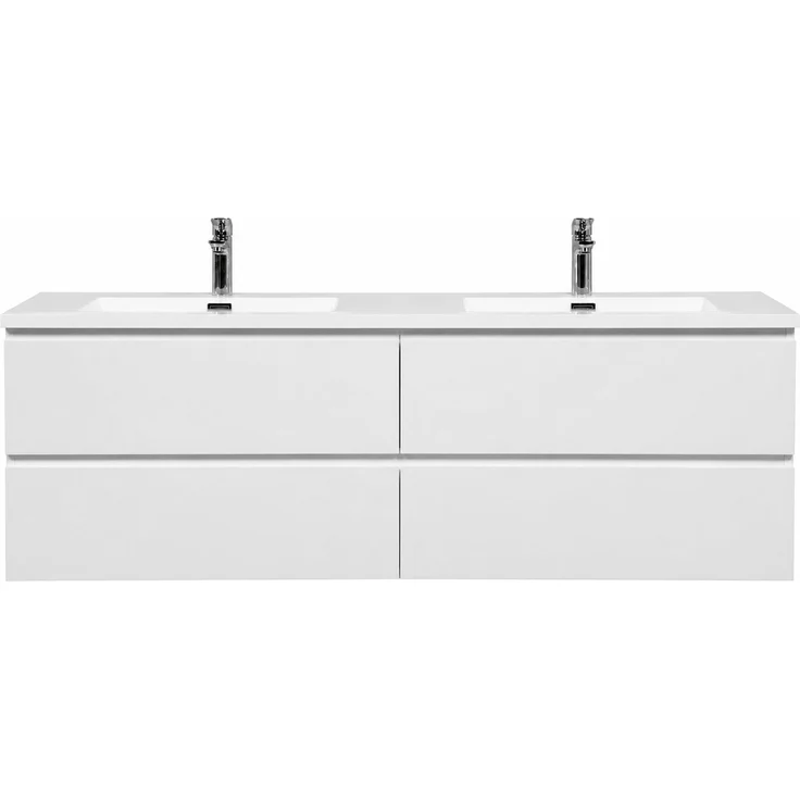 Badplaats Badmöbel Set mit Waschbecken und Unterschrank Angela 160 x 48 cm Weiß Hochglanz - Waschbeckenunterschrank mit Soft-Close und Doppelwaschbecken, Vorgemontiert – Bild 4