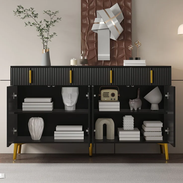 Sideboard 140 x 38 x 82 cm aus MDF, Schwarz mit goldfarbenen Akzenten – Bild 4