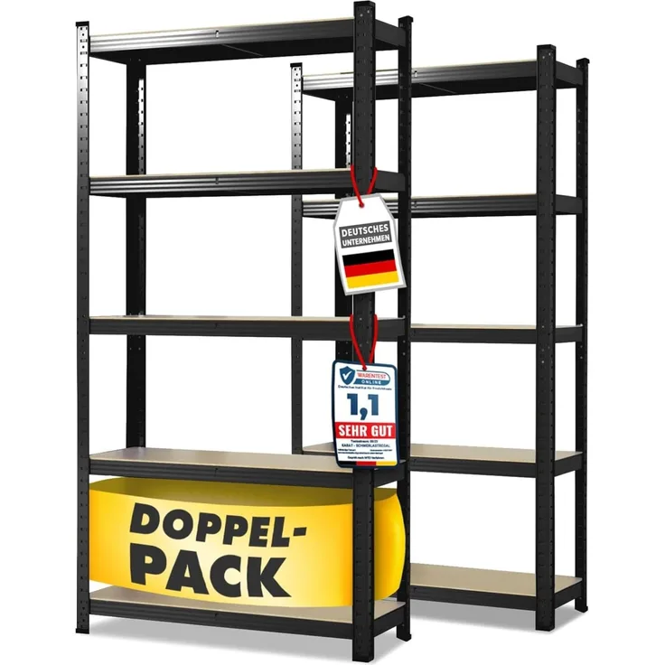 etm Schwerlastregal 2-er Pack 180 x 90 x 40 cm schwarz | Steckregal, Lagerregal, Standregal, Stecksystem ohne Werkzeug montierbar (Lakota, schwarz)