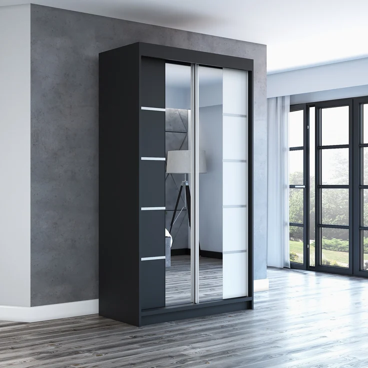 Schwebetürenschrank ERA 2-türig Schrank 120 cm.(mit Spiegel) Farbe: Schwarz , weiß – Bild 2