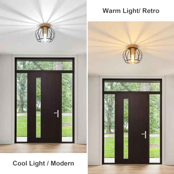 Comely Deckenleuchte Vintage, Industrial Deckenlampe Metall in Käfigform, Retro Kronleuchter E27 für Schlafzimmer, Wohnzimmer, Eingang, Flur (Schwarz+Holz) – Bild 9