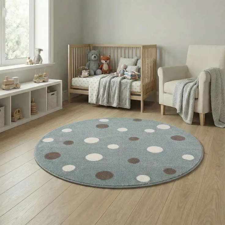 Jimri Kinderteppich DOTS l Pünktchen Gepunktet | Kinderzimmer/Jugendzimmer (Mint, Ø 120 cm Rund)