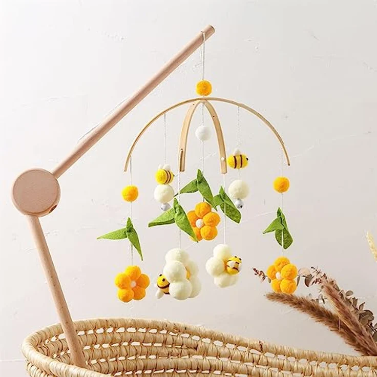 Herfair Mobile Baby Windspiele mit Filzbällen - Frische Blumen und Bienen, Kinderzimmer Hängende Bettglocke, für Babybett Wickeltisch Deko (Gelb) – Bild 7