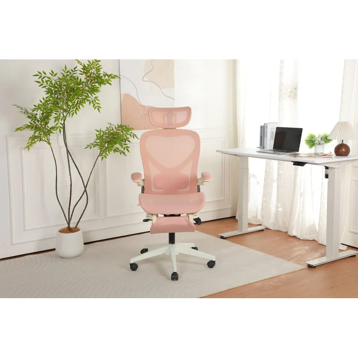 Klappbarer ergonomischer Bürostuhl, kleiner Platz-Klappstuhl mit Taillenstütze, Ganznetzschiebekissen, klappbare Armlehnen, 3D-Kopfstützen und Bürostuhl mit Arbeitspedalen,pink--Rosa--129x48.5x62cm--YOUDENOVA – Bild 1