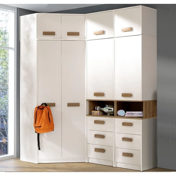 Marmex Möbel Grant 14 Ein Schrank-Set, zwei Büchrregale, Eckkleiderschrank, Schlafzimmer-Set, laminierte Spanplatte, weiß+riviera Eiche, 143x235x143 cm – Bild 1