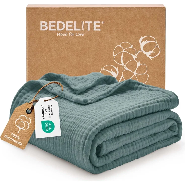 BEDELITE Musselin Decke 150x200 Erwachsene Tagesdecke Baumwolle, Blaugrün