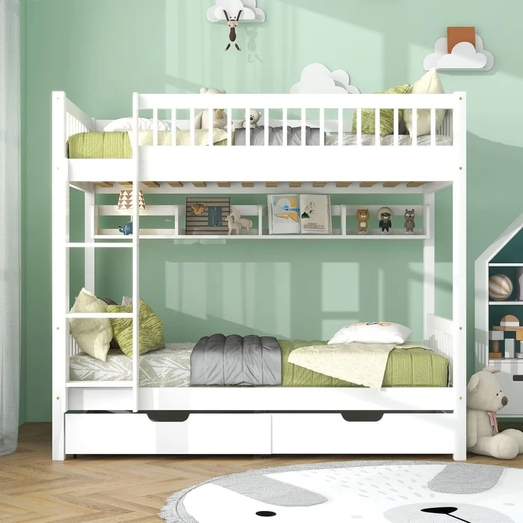 Merax Etagenbett, Kinderbett, mit 3-tufige rechtwinklige Leiter, Links oder rechts montierbare Treppe, mit Fallschutzgitter, Regale und MDF-Schubladen, Kiefernholzrahmen, Weiß, 90x200cm – Bild 2