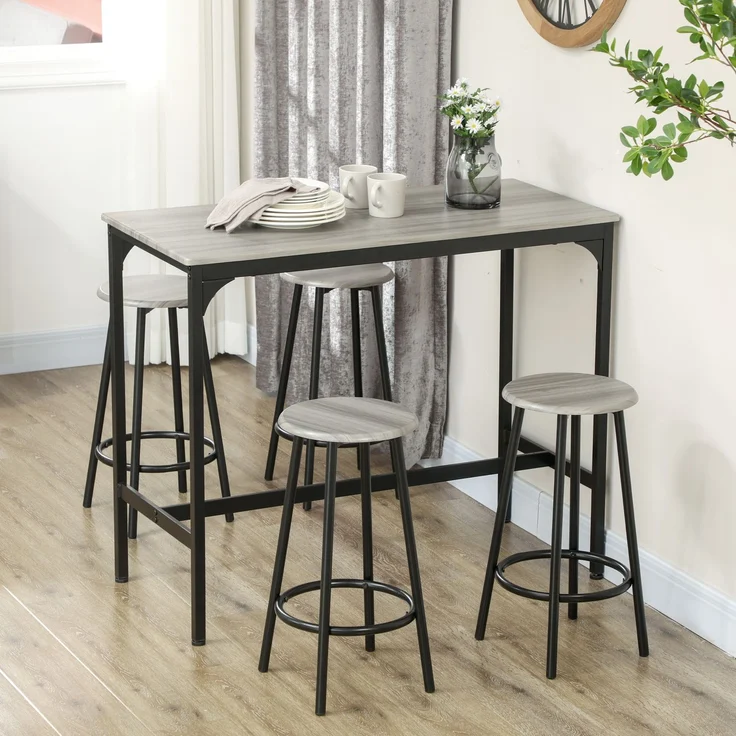 Stehtisch mit 4 Hockern, Fußstützen, schwarzes Metall und Holzoptik, für Küche und Esszimmer, Cecodadi – Bild 4