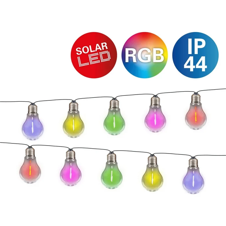 näve LED-Lichterkette Linda, 10-flammig, Solar, 10 Glühbirnen klar, RGB-LED, Dämmerungssensor, Zuleitung 180cm – Bild 1