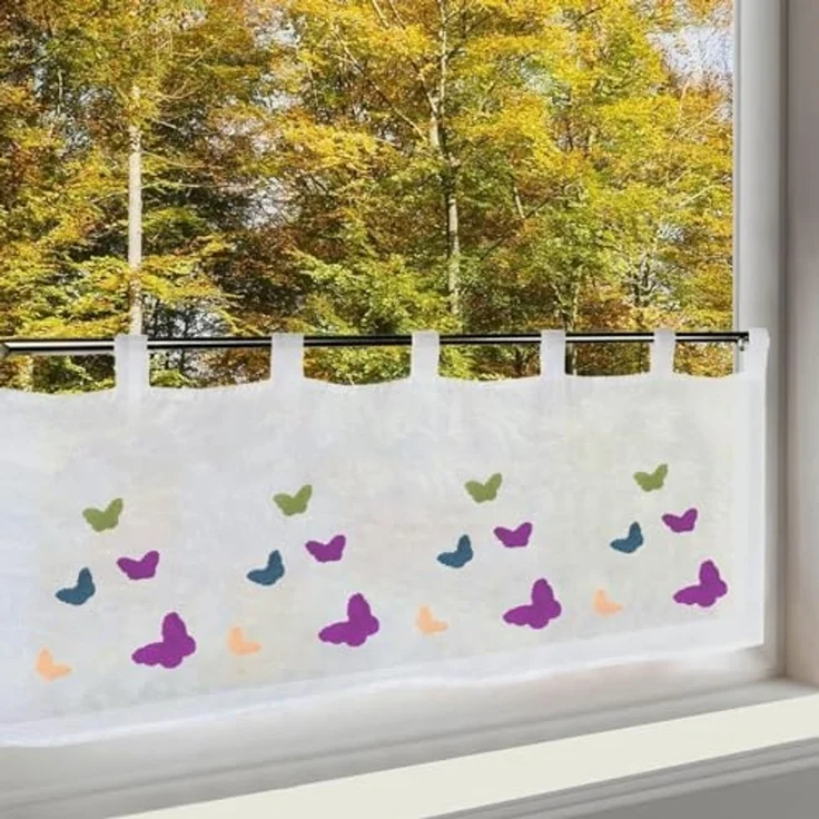 Delindo Lifestyle Scheibengardine bunte Schmetterlinge mit schlaufen (1 St), Schlaufe, halbtransparent, geflockt – Bild 1