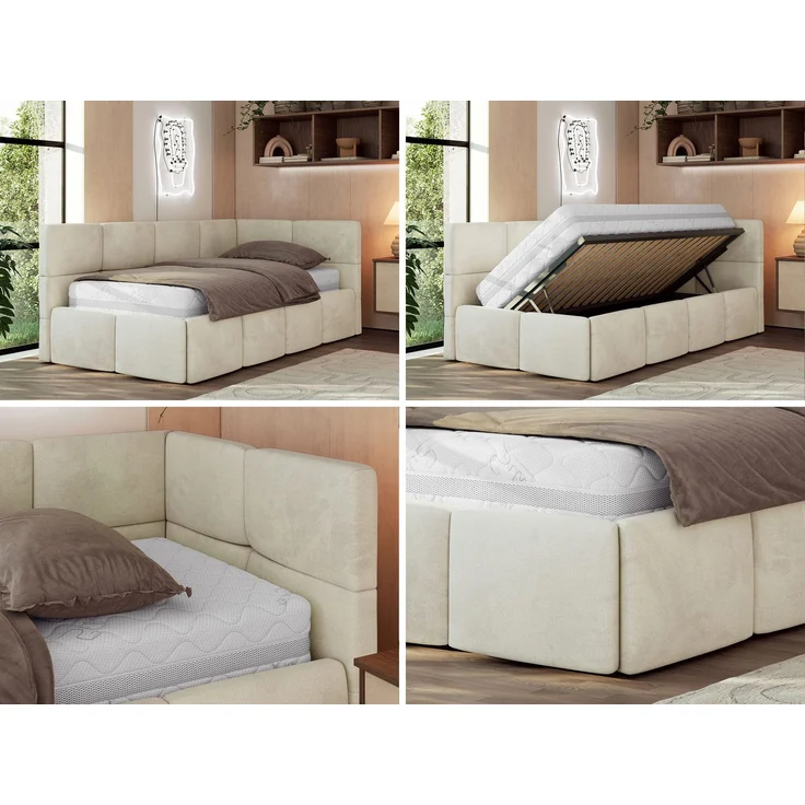 Jugendbett 90x200 ARVO Polsterbett mit Bettkasten, Stauraum & Gasdruckfeder, Modernes Design mit Kopfteil, Foam Matratze - Beige Velvet - MIRO LUX - Rechts Seite – Bild 2