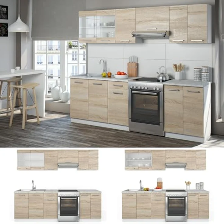 Vicco Küchenzeile 'Raul', Küchenblock in Sonoma Eiche und Weiß, modular, 240x82x60 cm, Holzwerkstoff, ohne Geräte – Bild 7