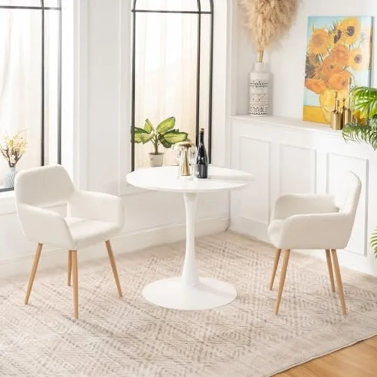 MEUBLE COSY Esstisch mit 2 Esszimmerstühle, Essgruppen, 3er-Set, Runder Esstisch, Küchentisch mit 2 Essstühlen, Stahlgestell, für Esszimmer Küche Wohnzimmer, Weiß + Beige